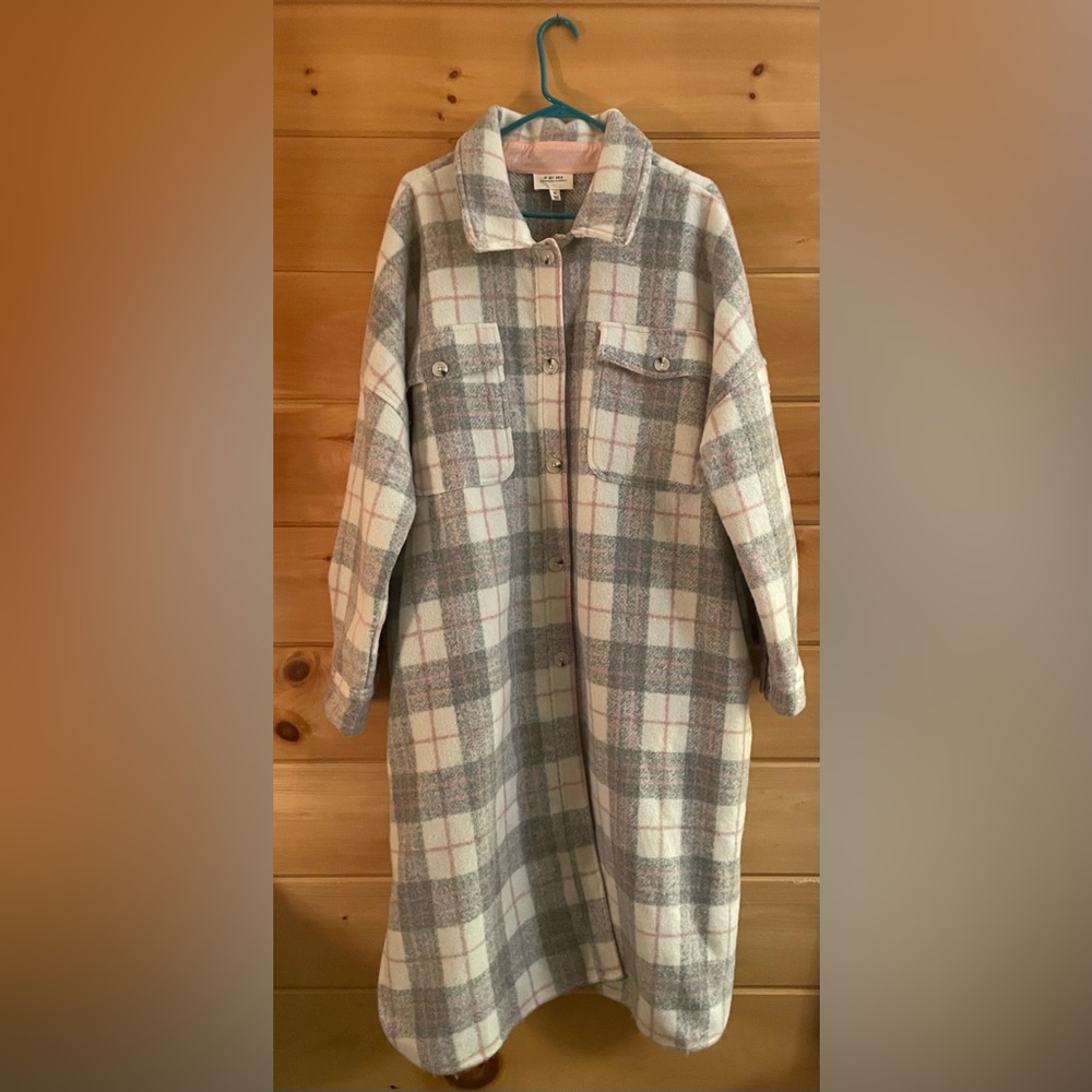 Anthropologie If By Sea Bobbie Plaid Oversized Pink and grey XL Jacket/ Coat NWT